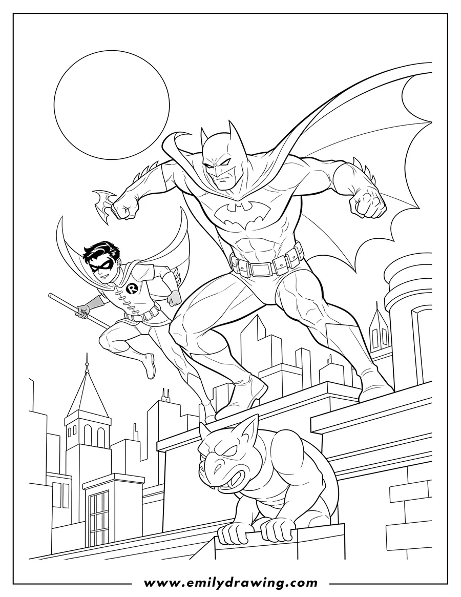 PDF style coloring page: batman and Robin fighting crime on a rooftop, in dynamic action