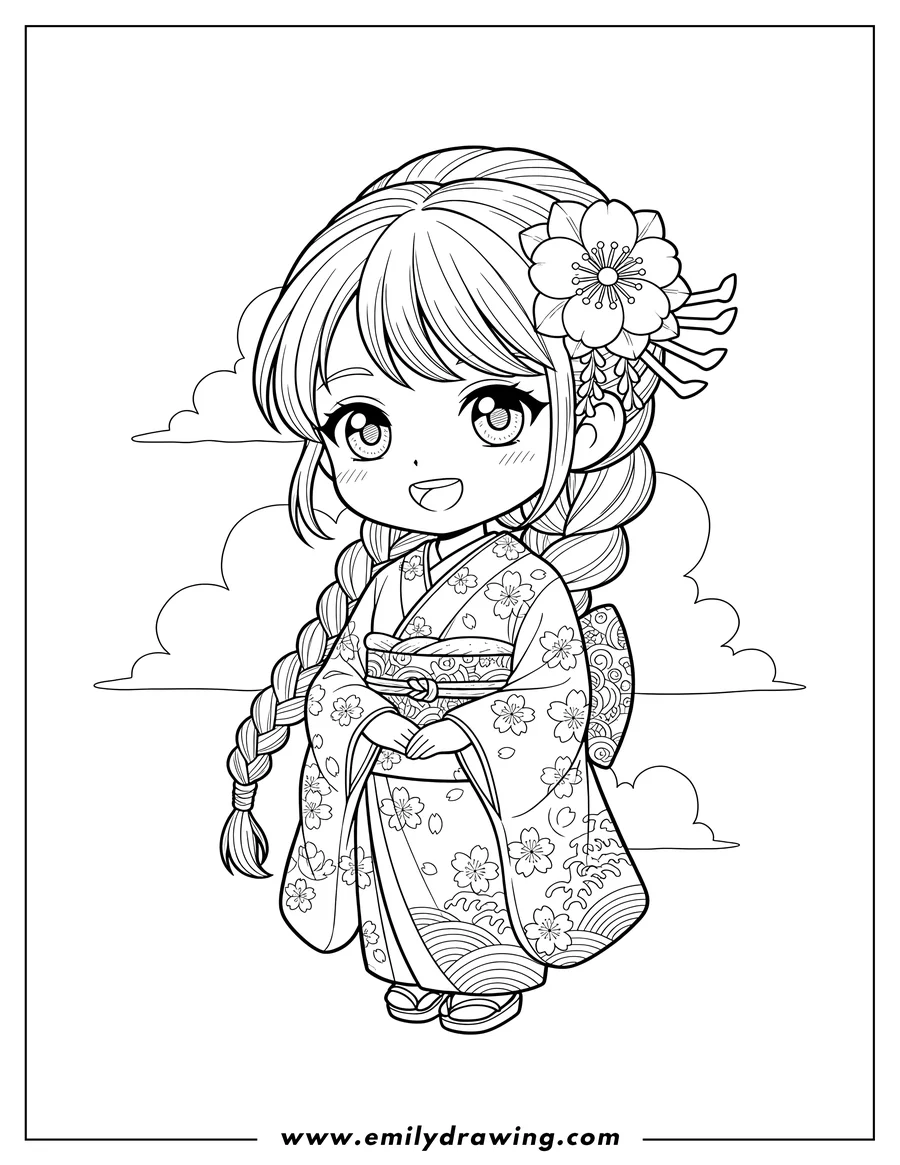 Printable line art of beautiful Chibi Girl Kimono, smiling, with braided hair and a flower