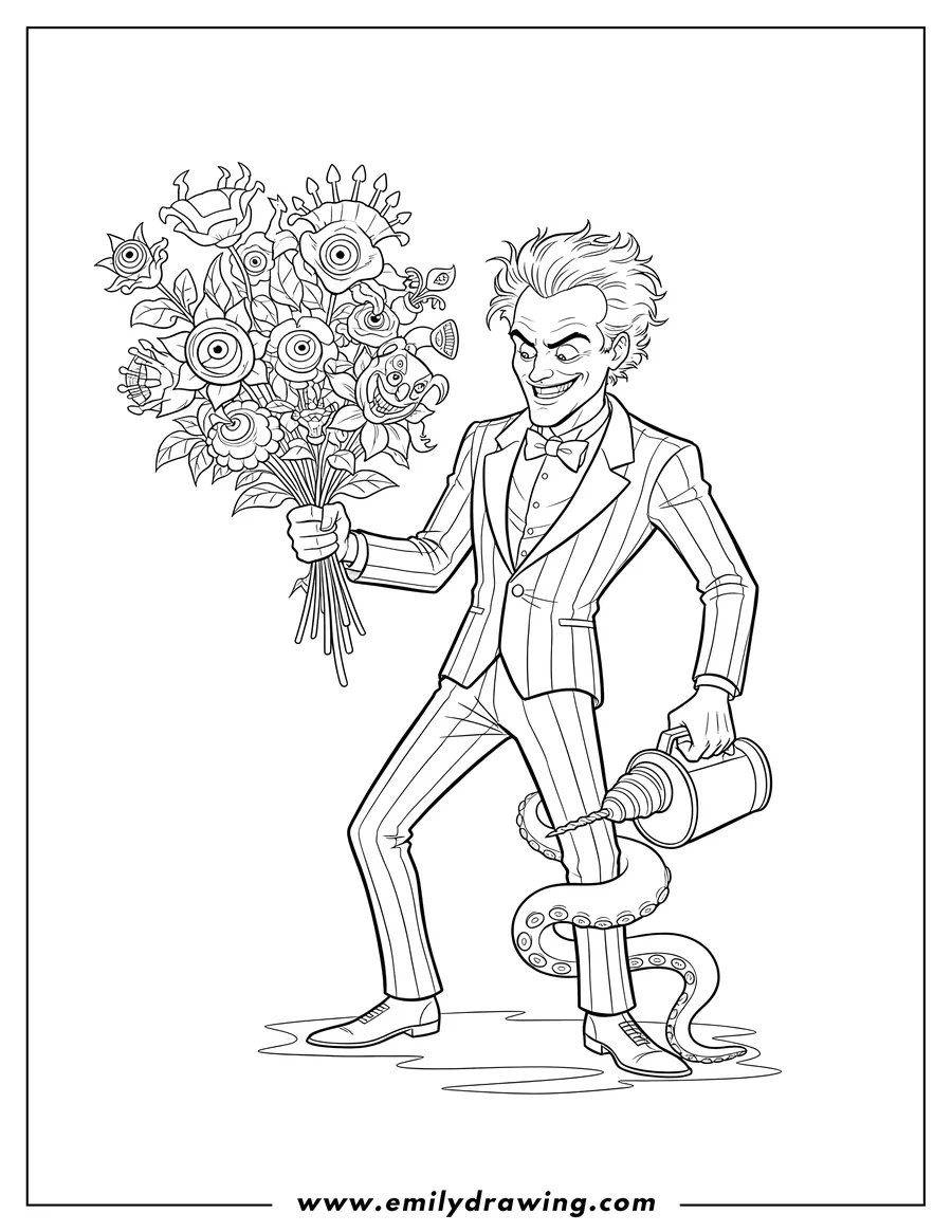 Outline drawing of beetlejuice holding a flower bouquet and a can with a drill, with an octopus tentacle around his leg