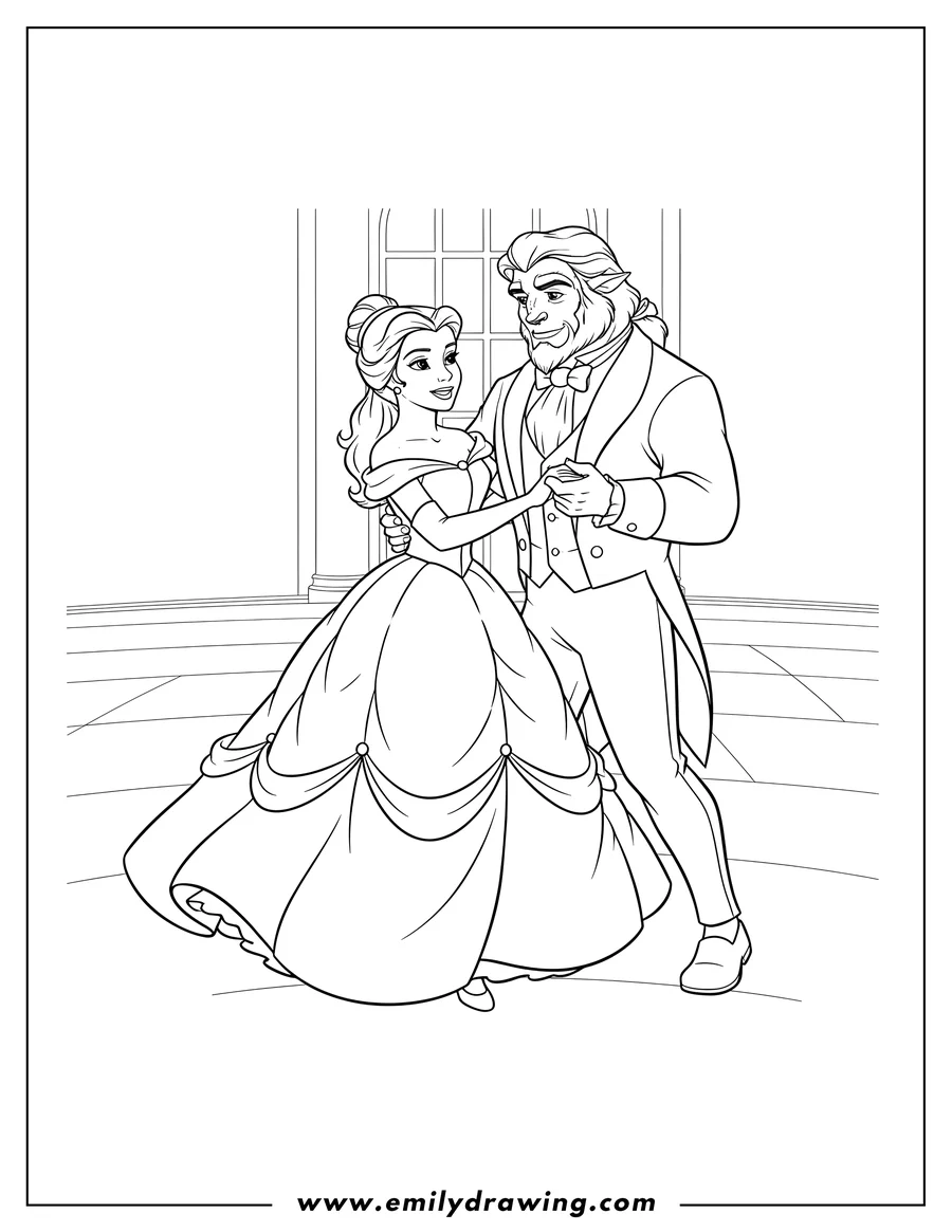 Simple sketch of princess Belle in her ball gown and Adam Beast in his formal suit dancing, holding hands to color