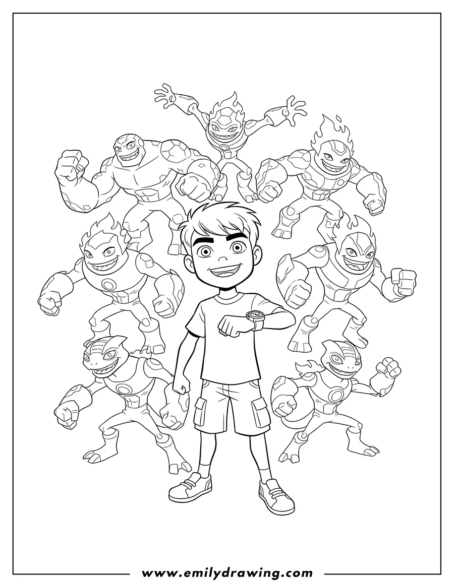 Vector style outline of ben 10 smiling with his many alien forms