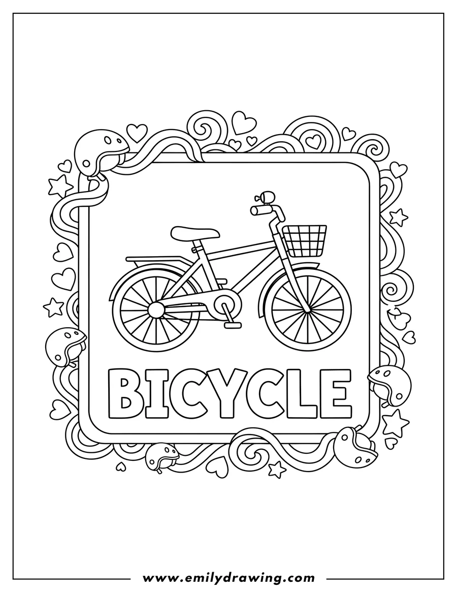 Coloring sheet featuring bicycle Flashcard showing a bicycle and the word 'bicycle' written below, decorated with hearts, stars, and helmets
