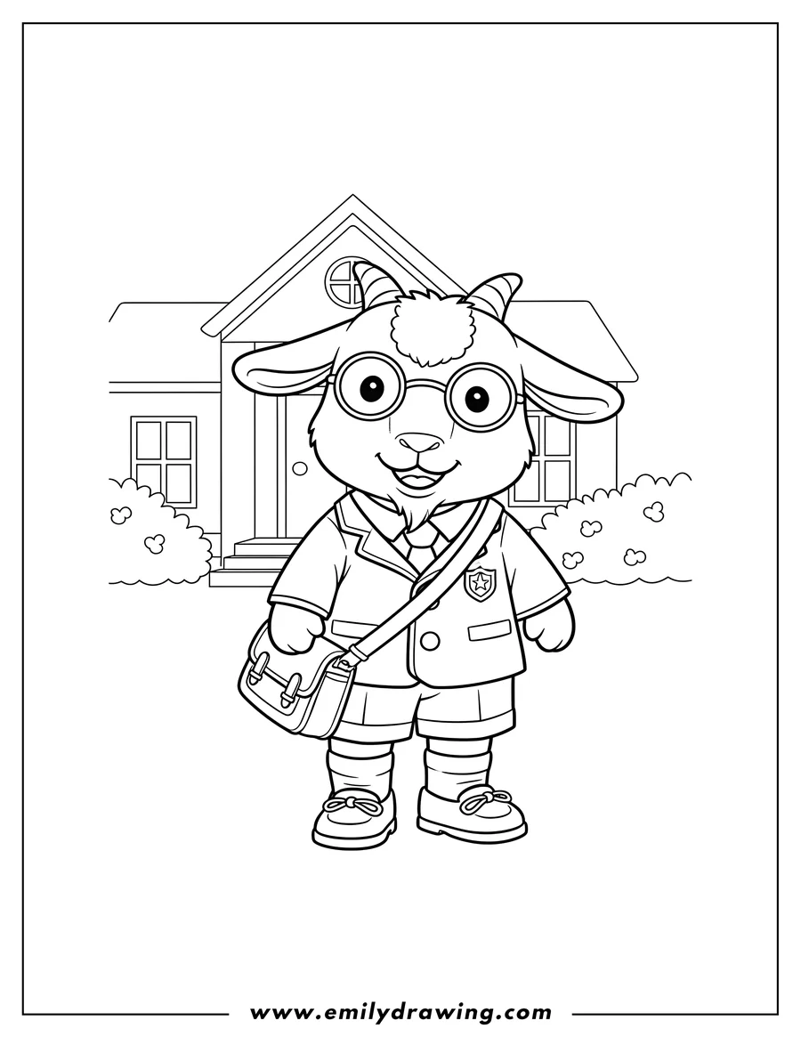 Full page coloring image of billy Goat From Calico Critters Preschoolers wearing glasses, a school uniform, and carrying a satchel