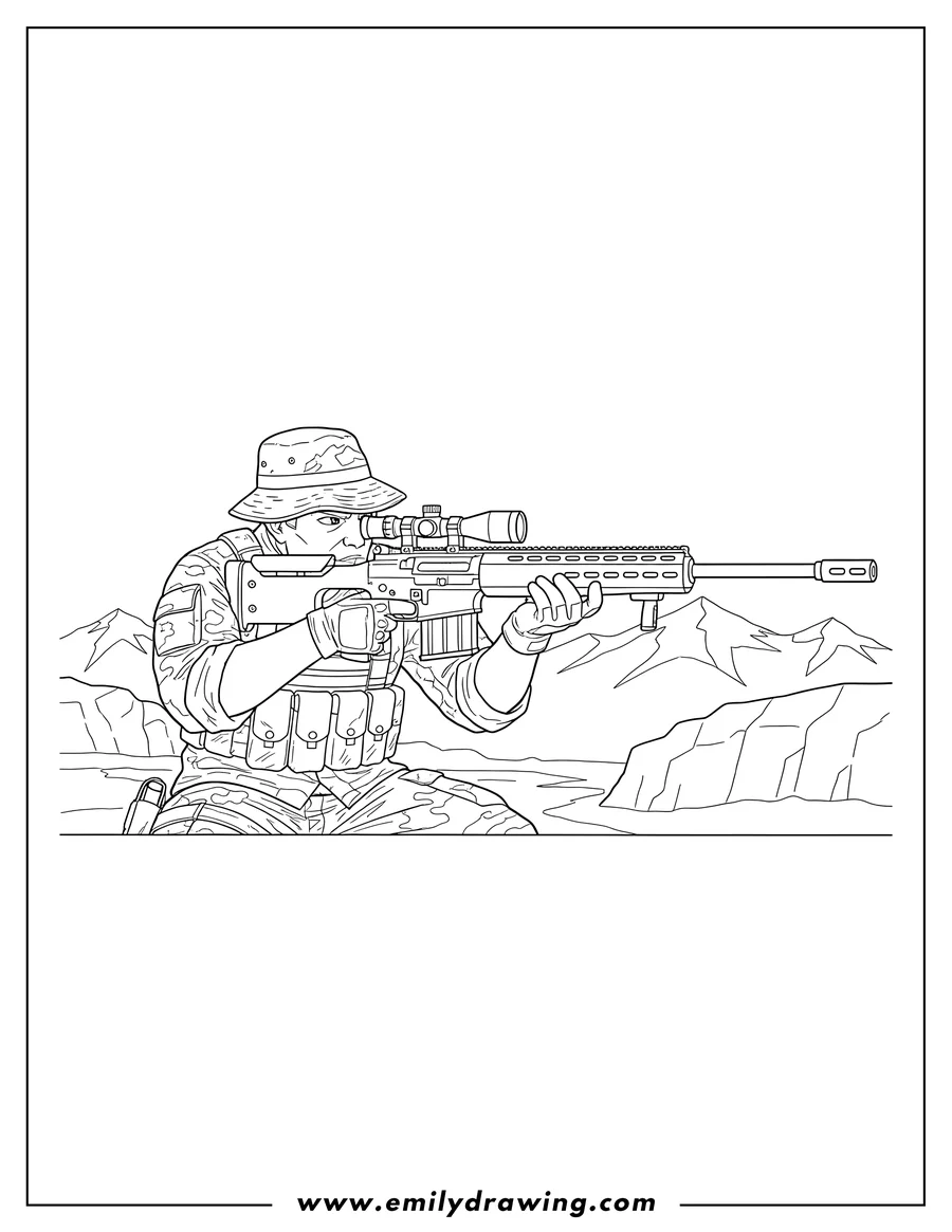 Free printable coloring sheet of call Duty Black Ops Sniper, wearing a boonie hat, aiming a sniper rifle with a scope