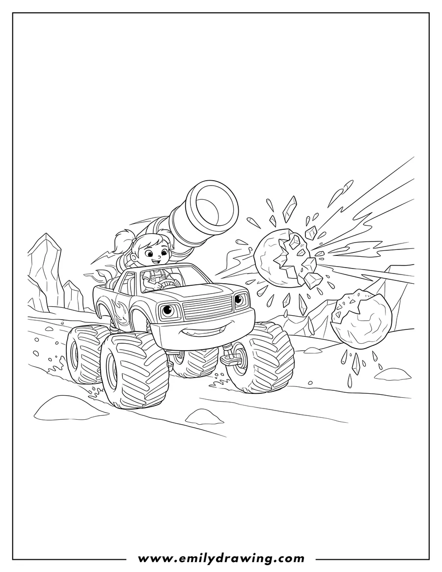 Black and white line art of blaze, driven by Gabby, with a large cannon on his back, melting ice balls in an Arctic race