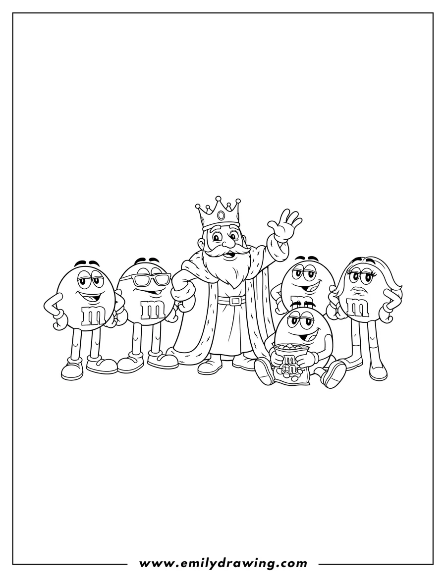 Linear illustration of blue Red Orange Yellow And Green Mms with Mr. King posing together, with Mr. King waving and the Yellow M&M sitting