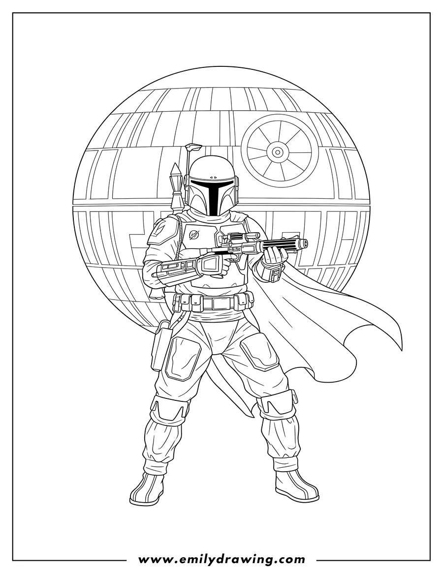 Simple sketch of boba Fett Standing Front Death Star, holding a rifle and wearing a cape to color