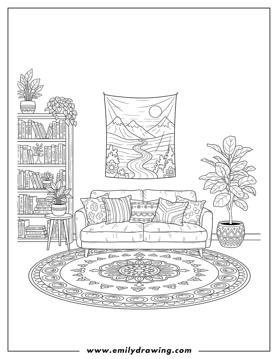 Outline drawing of boho Living Room with Plants, Rug, Bookshelf, and Scenic Wall Tapestry
