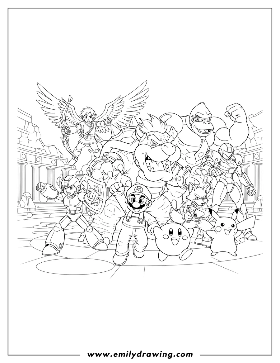 Simple sketch of super Smash Bros. coloring page with Bowser roaring, Mega Man, Link, Mario, Pit, Fox, Kirby, Pikachu, Donkey Kong, and Samus to color