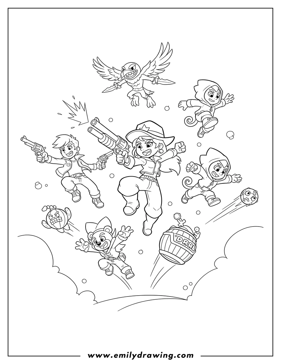 Simple sketch of brawl Stars Video Game with many brawlers flying and jumping to color