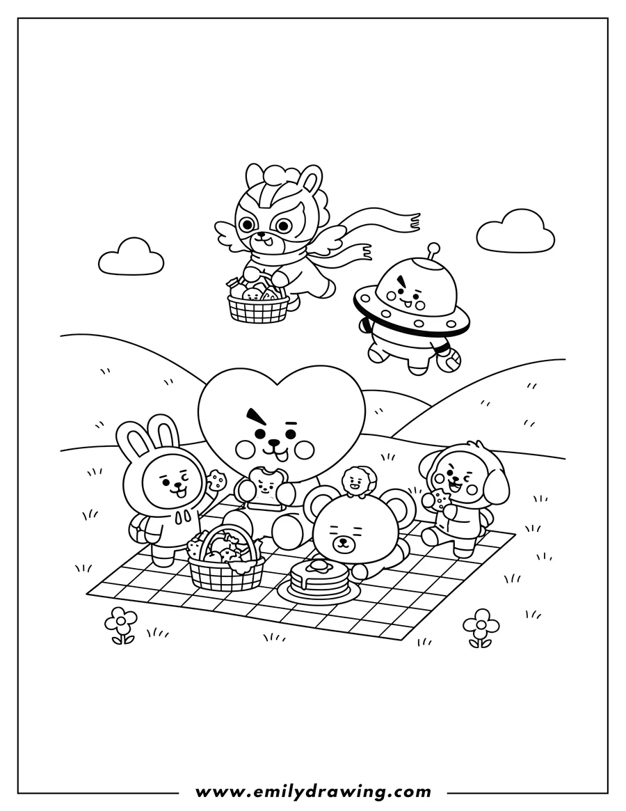 Black and white line art of bt21 Tata, Rj, Chimmy, Cooky, Koya, Shooky, Mang, and Van on a picnic, with Mang and Van flying and friends eating