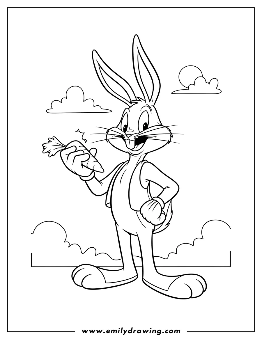 Free printable coloring sheet of bugs Bunny from Looney Tunes holding a carrot with hand on hip