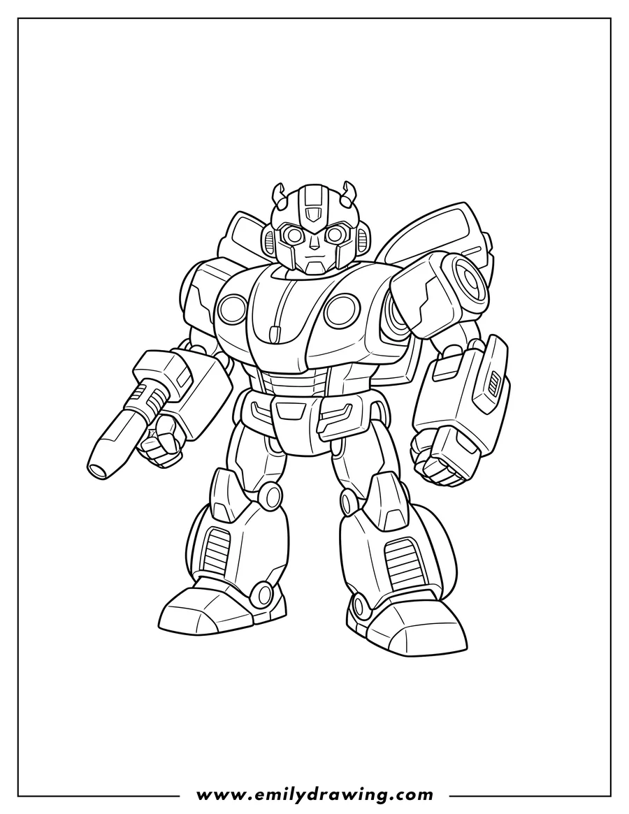 Full page coloring image of bumblebee Transformer1 Scaled, in robot mode, standing