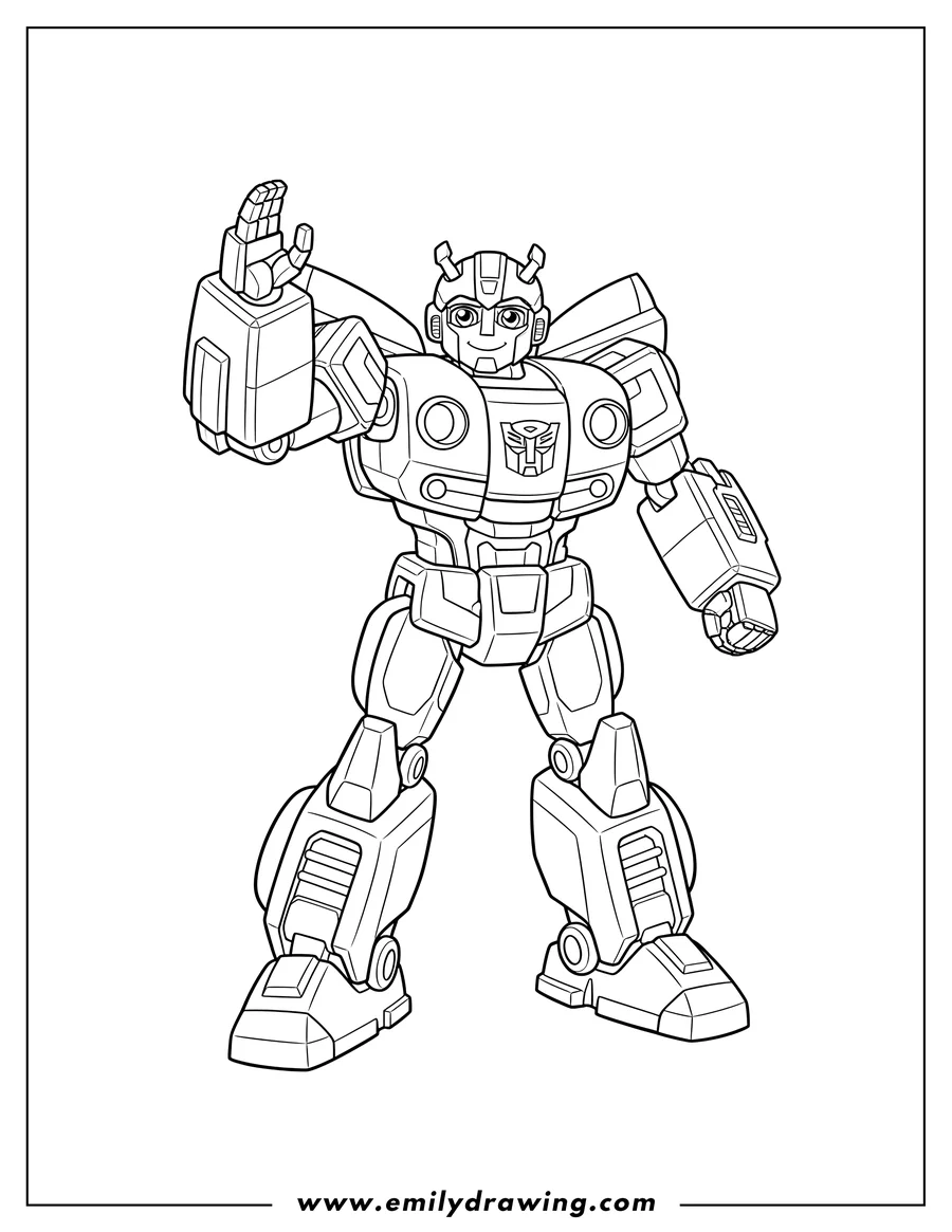 Coloring sheet featuring bumblebee Transformer robot standing with Autobot symbol on chest, coloring page