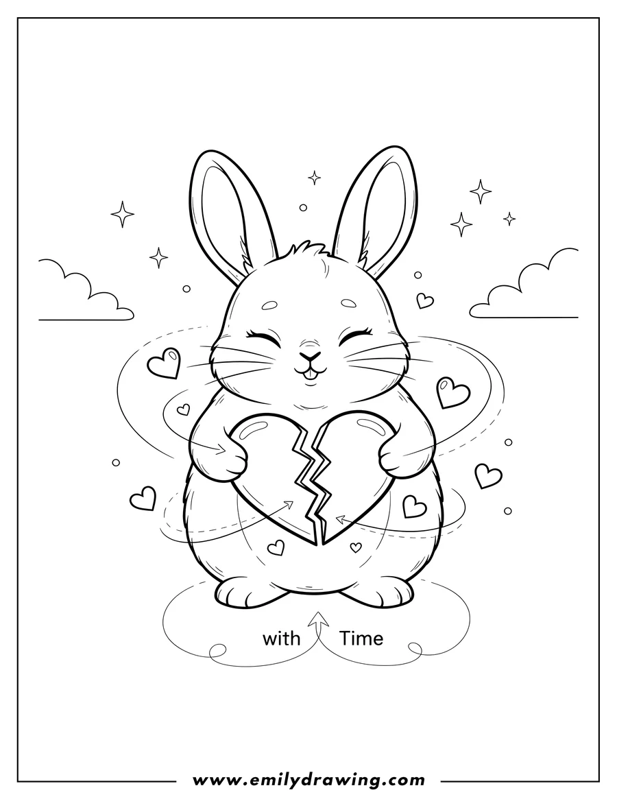 Vector style outline of hearts Heal With Time And Kindness Bunny with closed eyes holding a broken heart with both hands