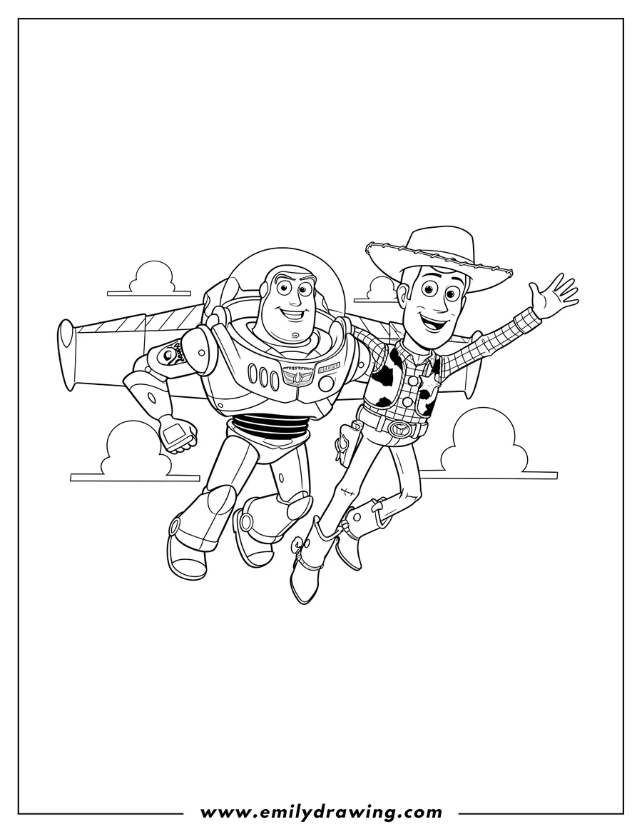 Free to print drawing of buzz and Woody flying happily side-by-side