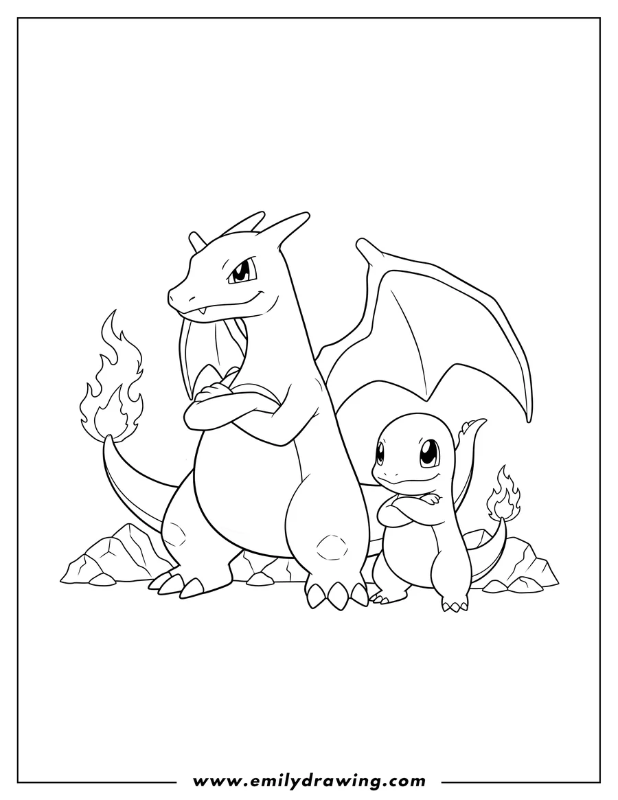 Linear illustration of charizard and Charmander standing together with crossed arms and tail flames