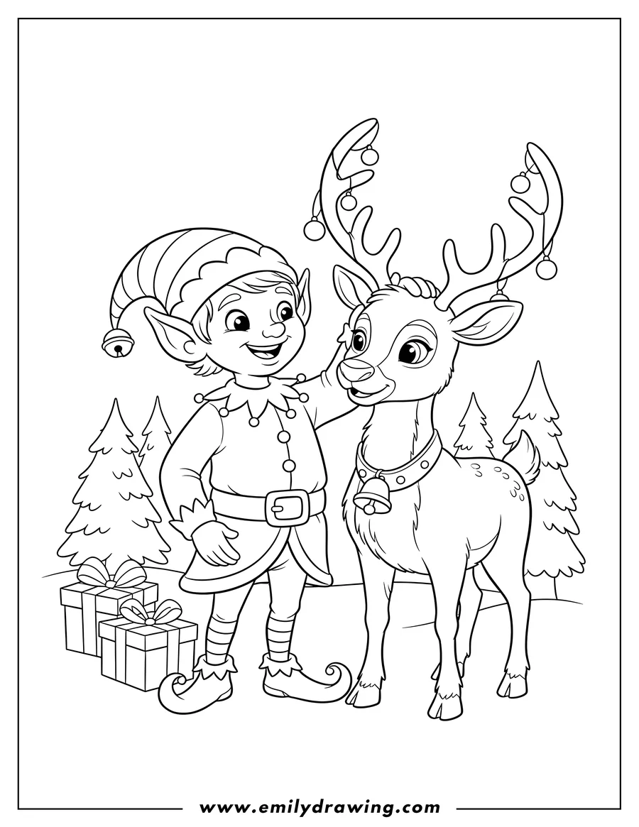 Coloring page of charming Christmas Elf smiling while gently petting a reindeer