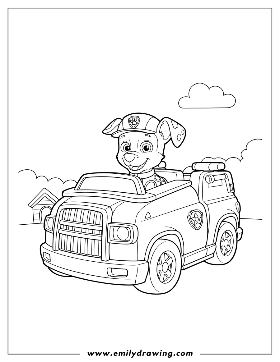 Printable coloring page of chase the puppy sitting in his police truck