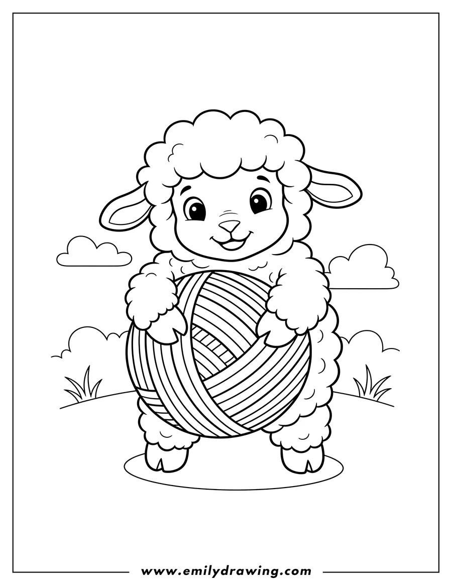 Doodle style coloring picture of cheerful fluffy lamb hugging a colorful, striped wool ball