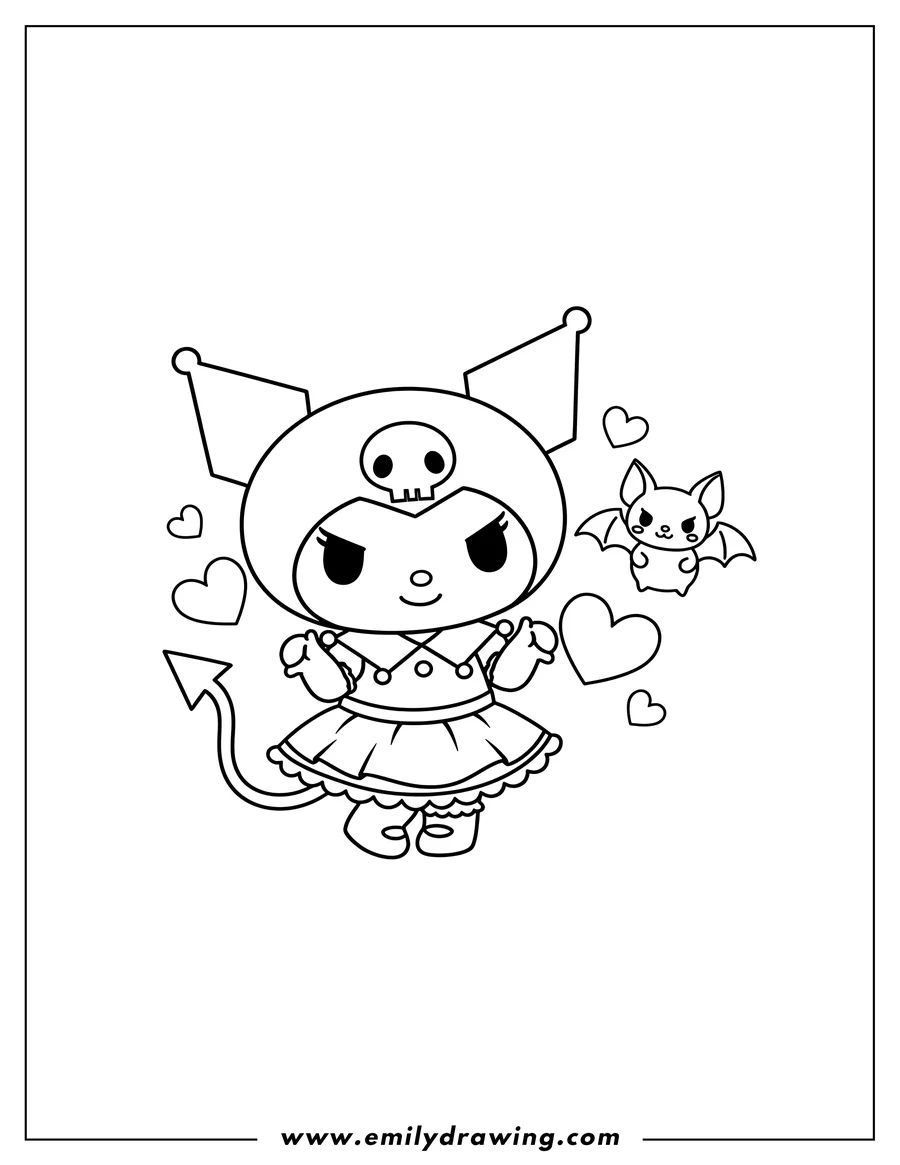 Outline drawing of chibi Kuromi with a skull hat and devil tail, a bat, and hearts