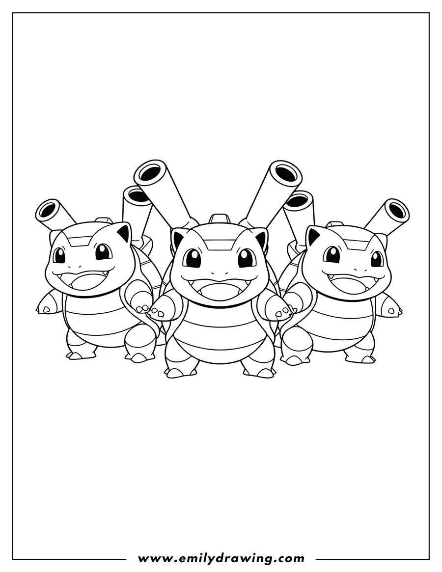 Coloring sheet featuring chibi Mega Blastoise Preschoolers, smiling widely, facing forward, with visible arm cannons