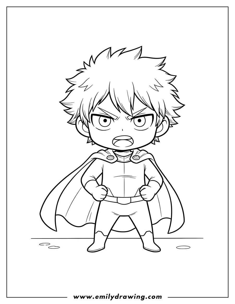 Simple sketch of chibi Mirio Togata Preschoolers, wearing a cape and standing with a determined expression to color