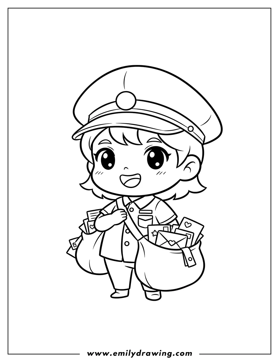 Doodle style coloring picture of chibi Postal Worker Community Helper Flashcard, smiling, wearing a hat, and carrying a mail bag full of letters