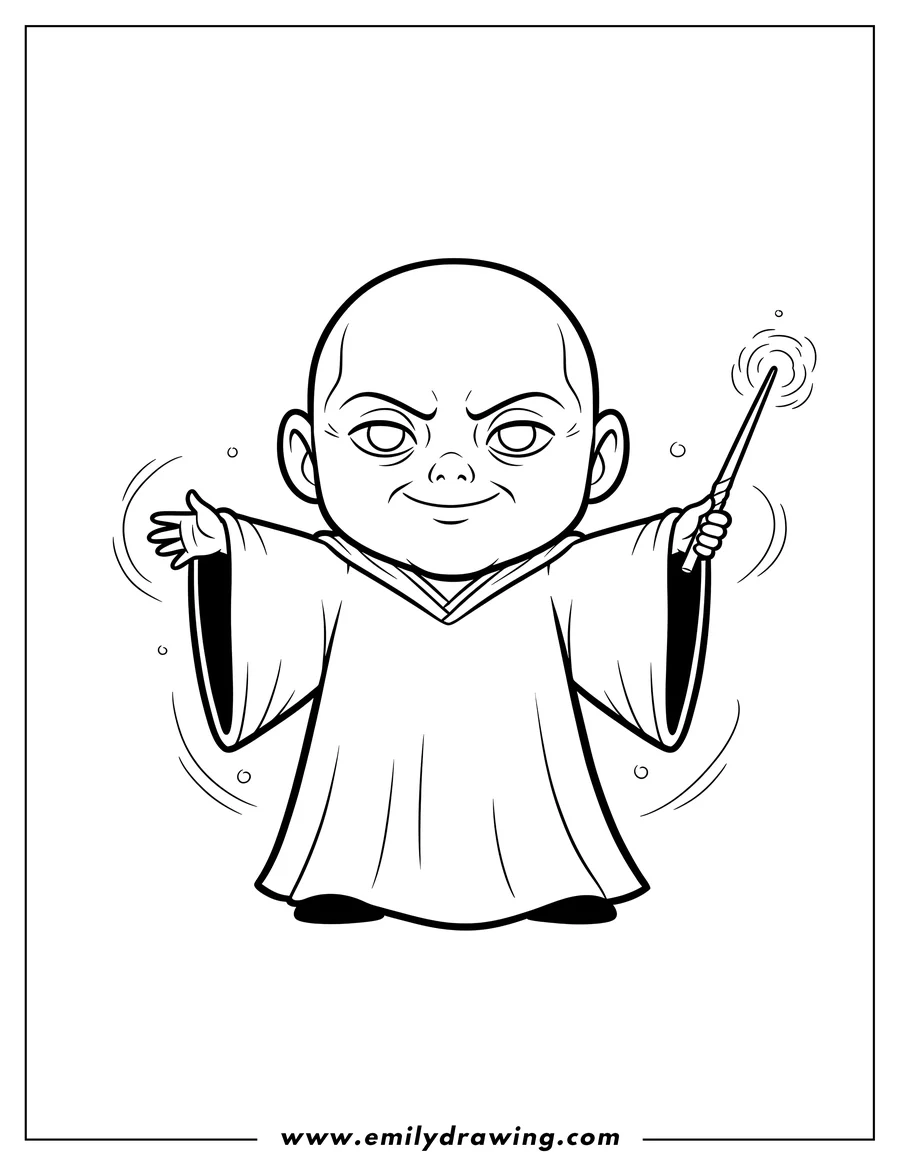 High quality printable chibi Voldemort holding a magic wand, arms open for coloring