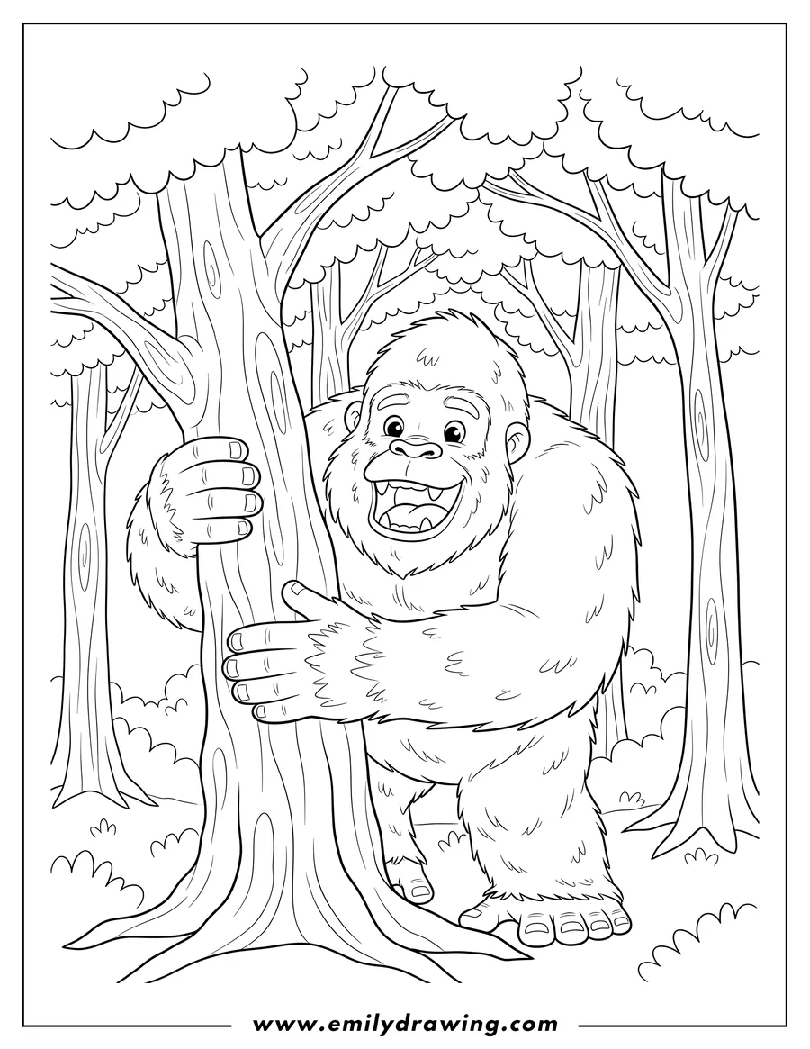 Coloring sheet featuring chilling Bigfoot roaring and gripping a tree, emerging from trees