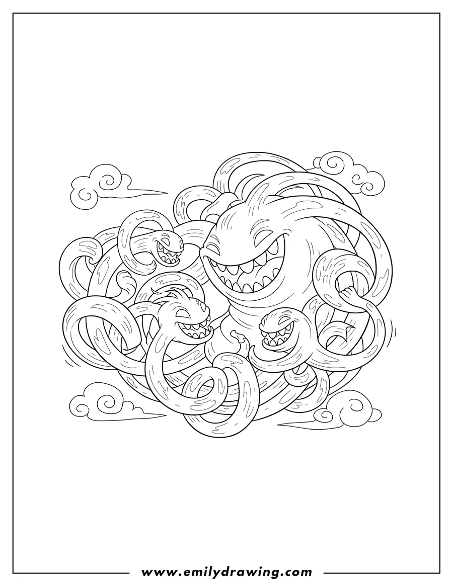 Coloring sheet featuring chilling Carnage Battle with sharp teeth and swirling tendrils