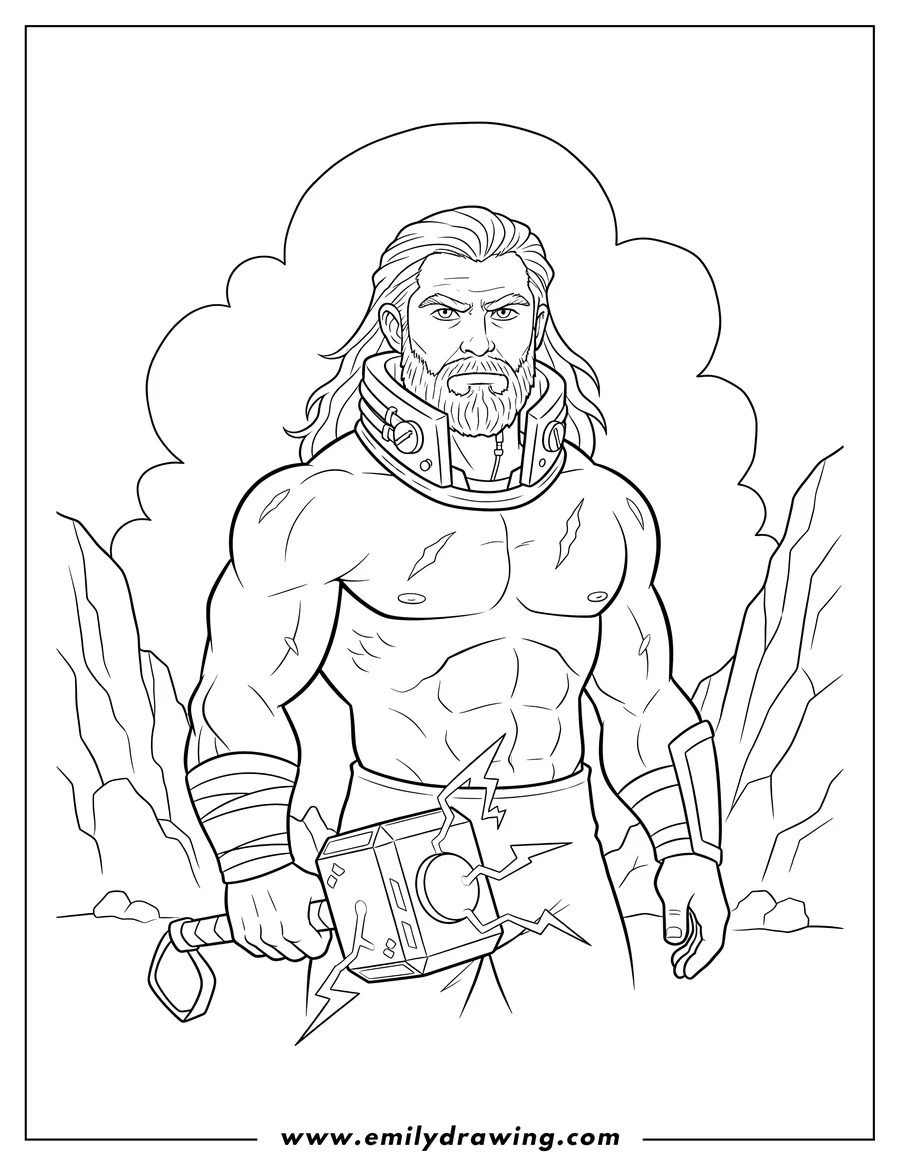 Clean line drawing: chris Hemsworth As Thor, shirtless with a neck device, To Color