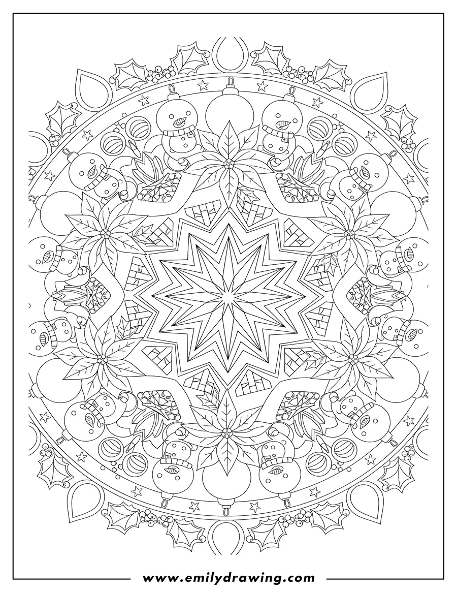 Coloring sheet featuring christmas Mandala With Poinsettia, Snowmen, and a Central Star