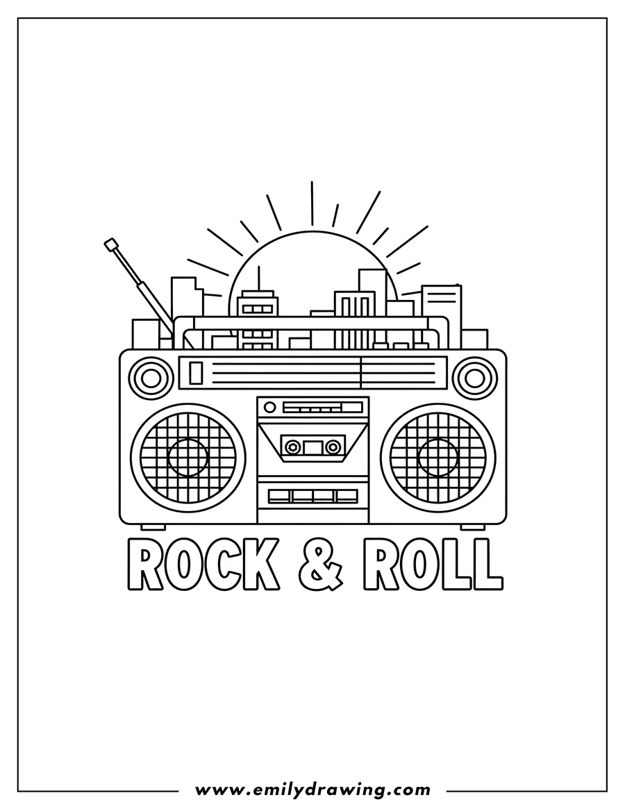 Printable line art of classic 80S Boombox with speakers and a tape deck, in front of an urban skyline at sunset