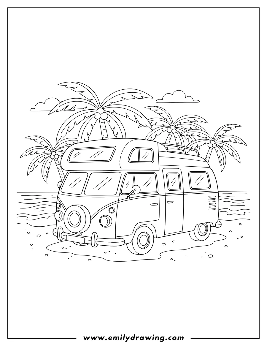 Outline drawing of classic Campervan Motorhome parked at a beach with palm trees