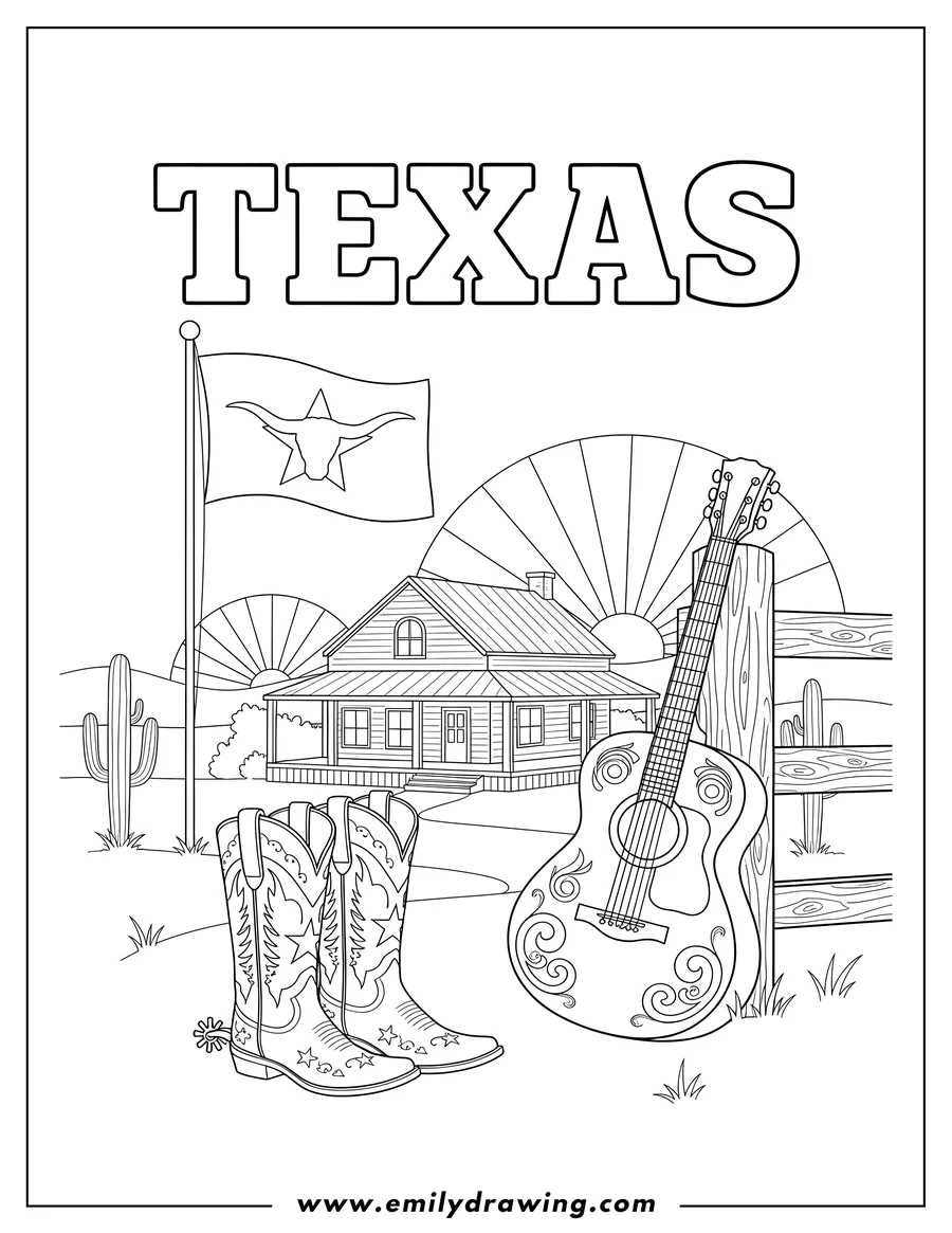 Coloring page of classic Texas Ranch With Longhorn Flag And Guitar, with the word TEXAS at the top and cowboy boots