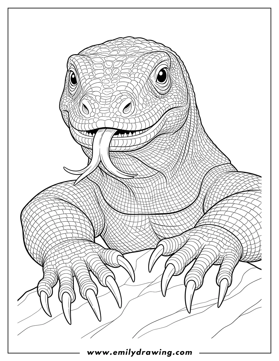 Free printable coloring sheet of close Up Komodo Dragon, with scaly skin and visible front claws