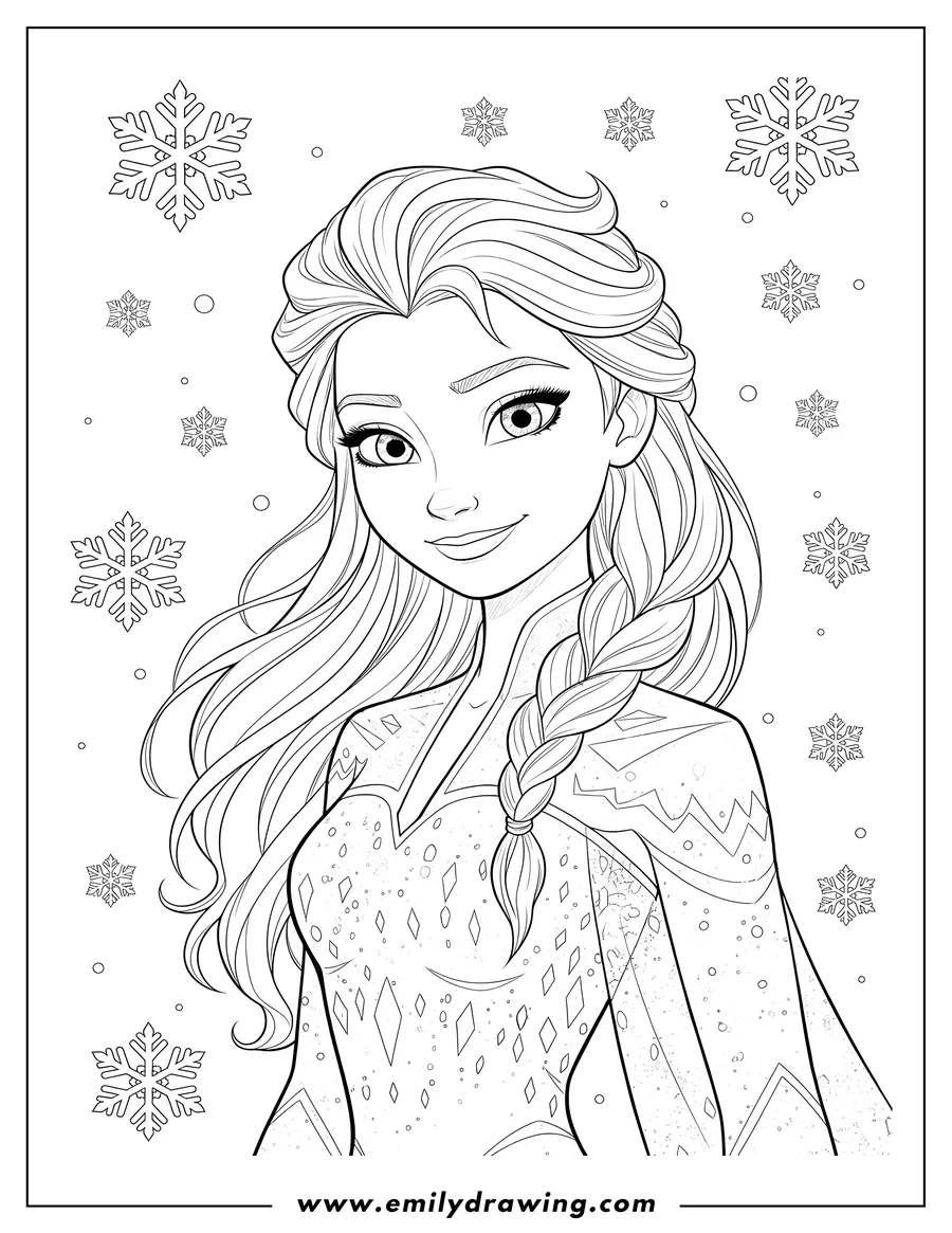 Downloadable coloring page of close-up portrait of Elsa smiling, with long flowing hair and a sparkling icy dress, as snow falls