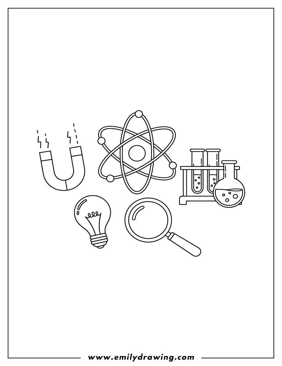 High quality printable A collection of simple outline drawings of science elements: Atom, Magnet, Test Tubes, Beaker, Light Bulb, and Magnifying Glass for coloring
