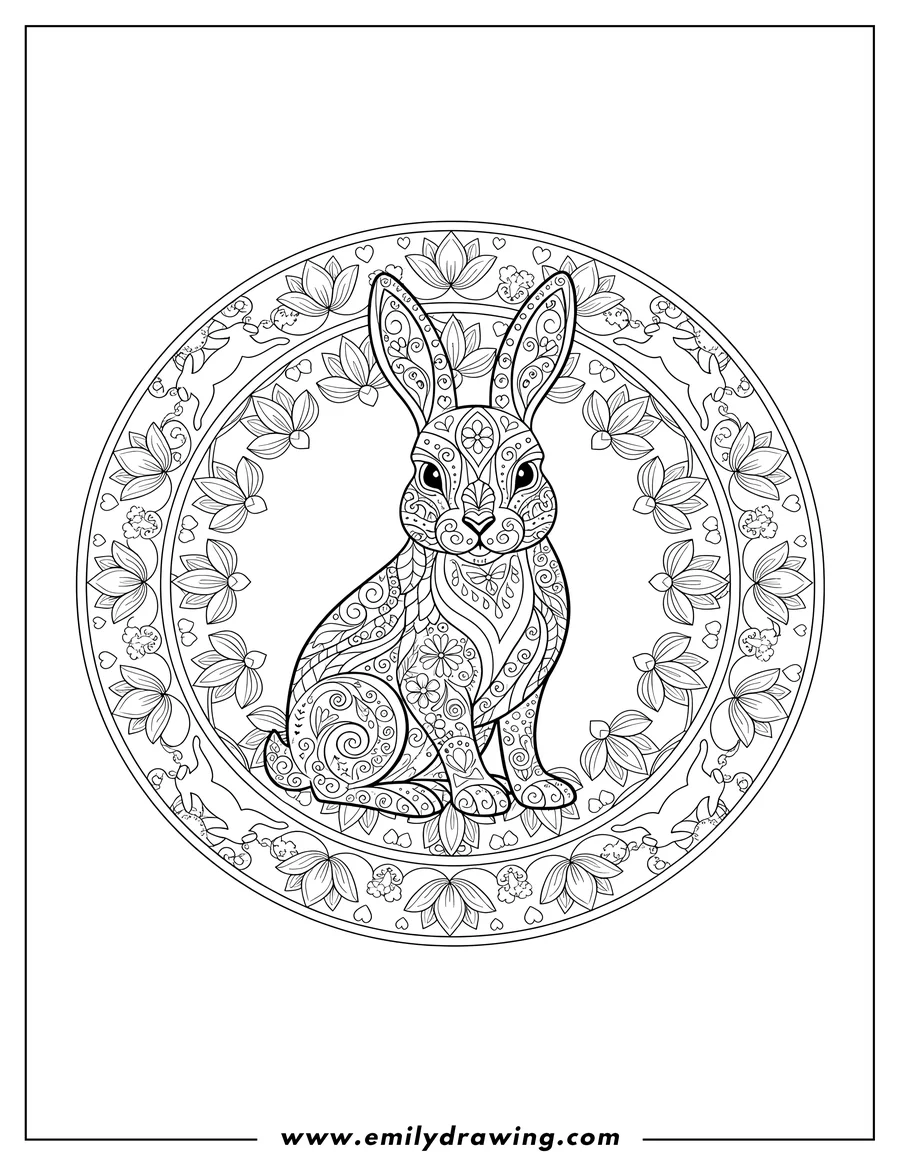 Coloring sheet featuring complex Rabbit Mandala featuring a sitting rabbit with intricate patterns