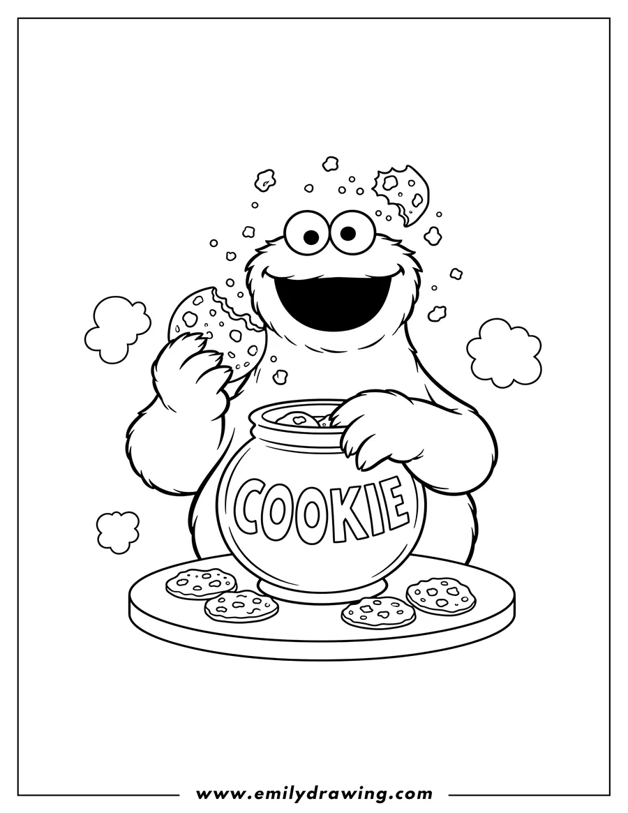 Coloring page of cookie Monster eating a cookie with crumbs flying, reaching into a cookie jar labeled Cookie