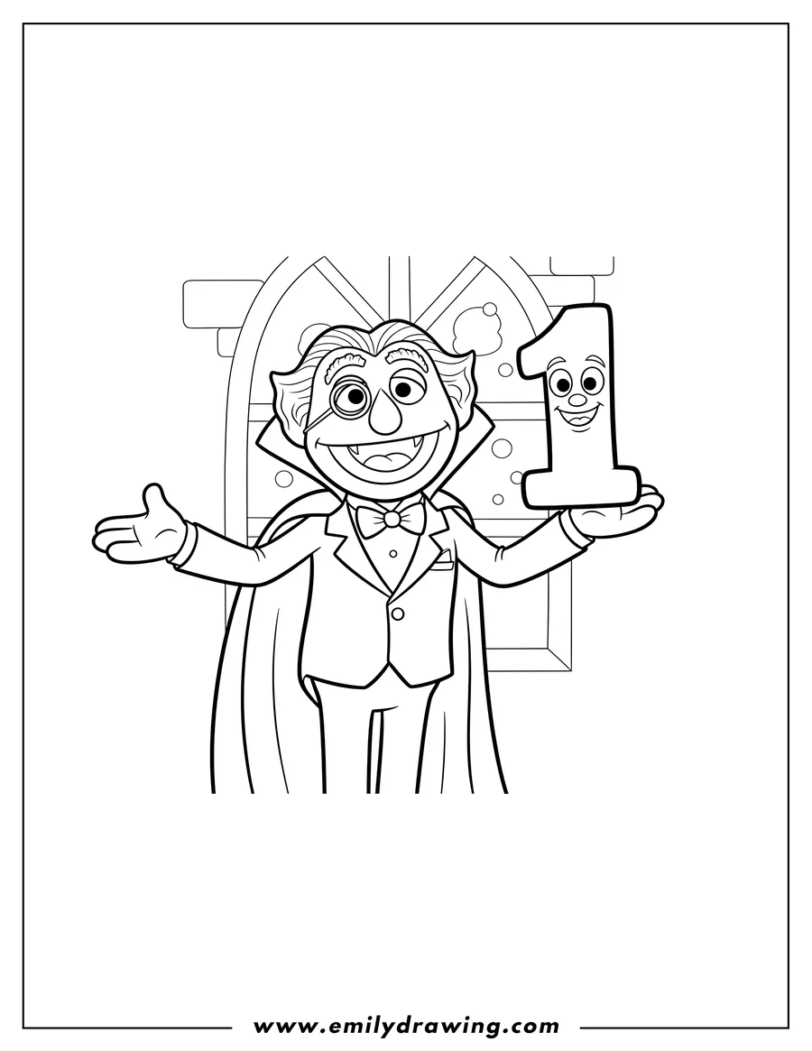 Printable line art of count Von Count happily presenting Number One
