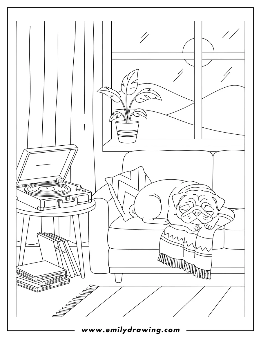 Vector style outline of cozy Home Scene With a Pug Lying on a Sofa with a Vinyl Player