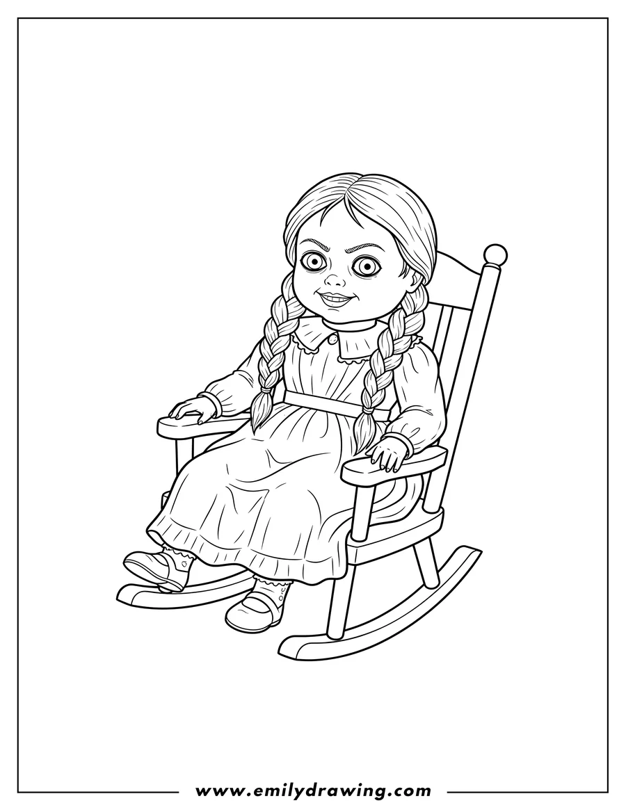 Coloring sheet featuring creepy Annabelle Doll with braided hair sitting in a rocking chair To Color