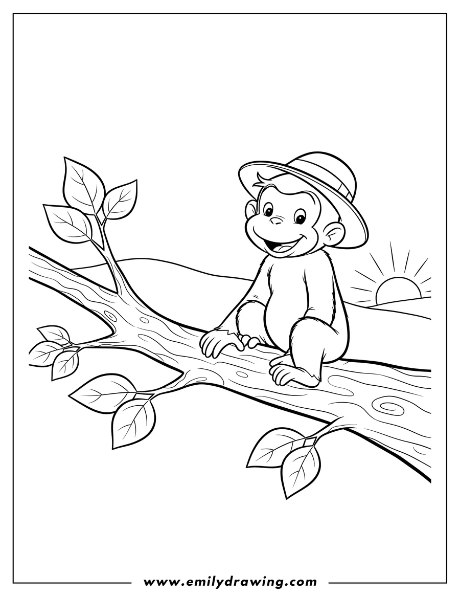 Vector style outline of curious George smiling, sitting on a tree branch