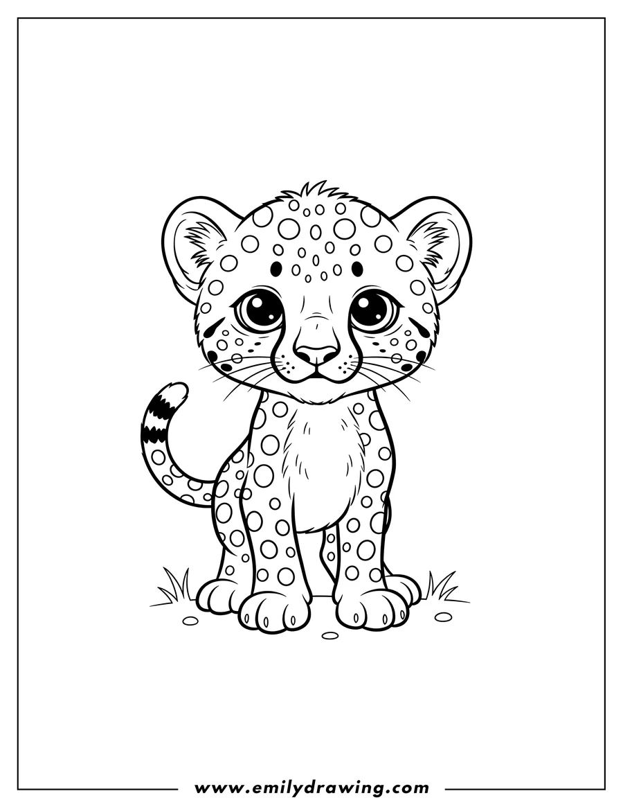 Black and white line art of cute Baby Cheetah standing, looking forward