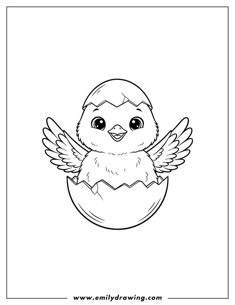 Doodle style coloring picture of cute baby chick partially hatched from egg, with wings spreading