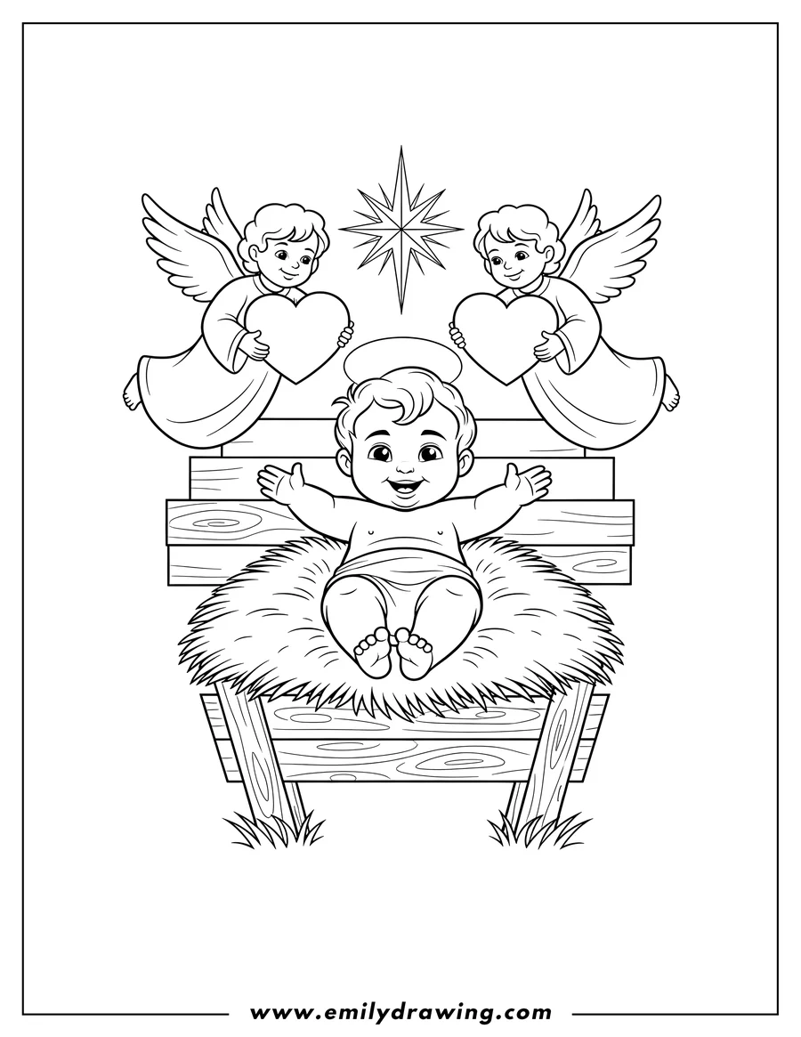 Full page coloring image of cute Baby Jesus in Manger with open arms and angels holding hearts