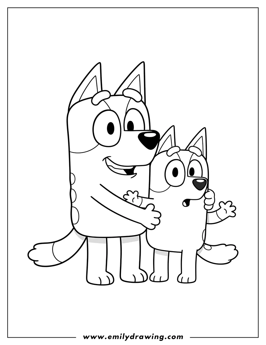 Coloring sheet featuring cute Bluey hugging a surprised Bingo cartoon
