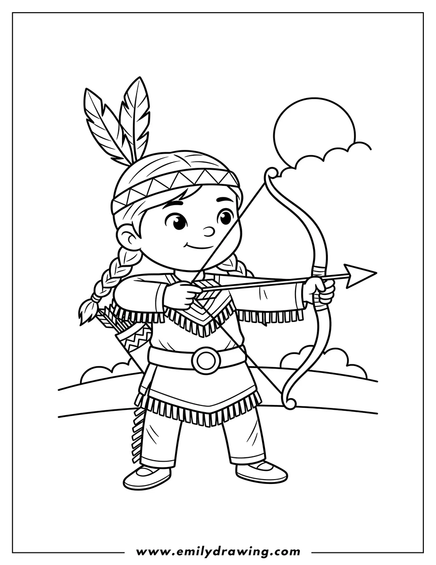 Linear illustration of [Scene]: Cute Native American Boy drawing a bow and arrow, wearing a traditional outfit with feathers in his hair and a quiver, for preschoolers